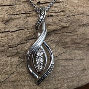 Marquise Pendant Necklace Box Chain Sterling Silver 925 Twisted CZ  18-Inch